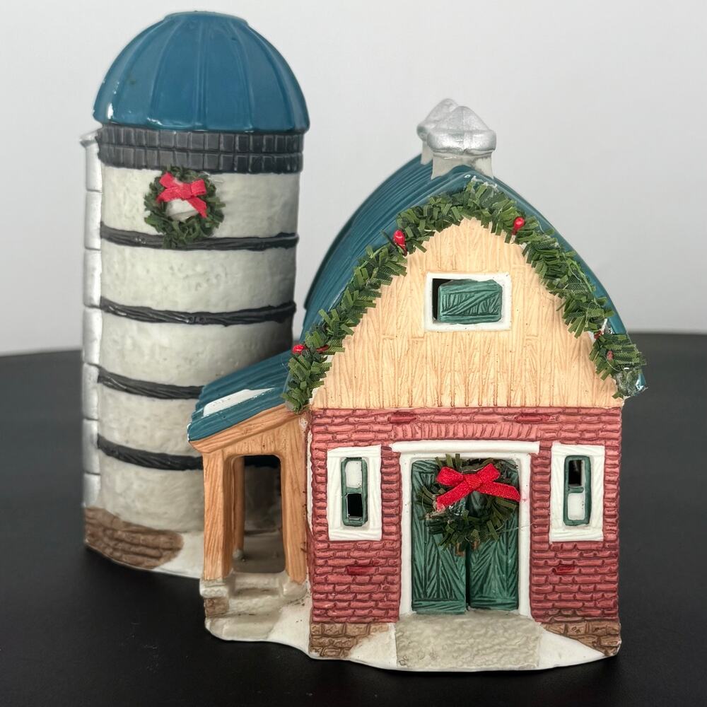Christmas Valley Collectible Village Barn with Silo Blue Roof Lighted Farm